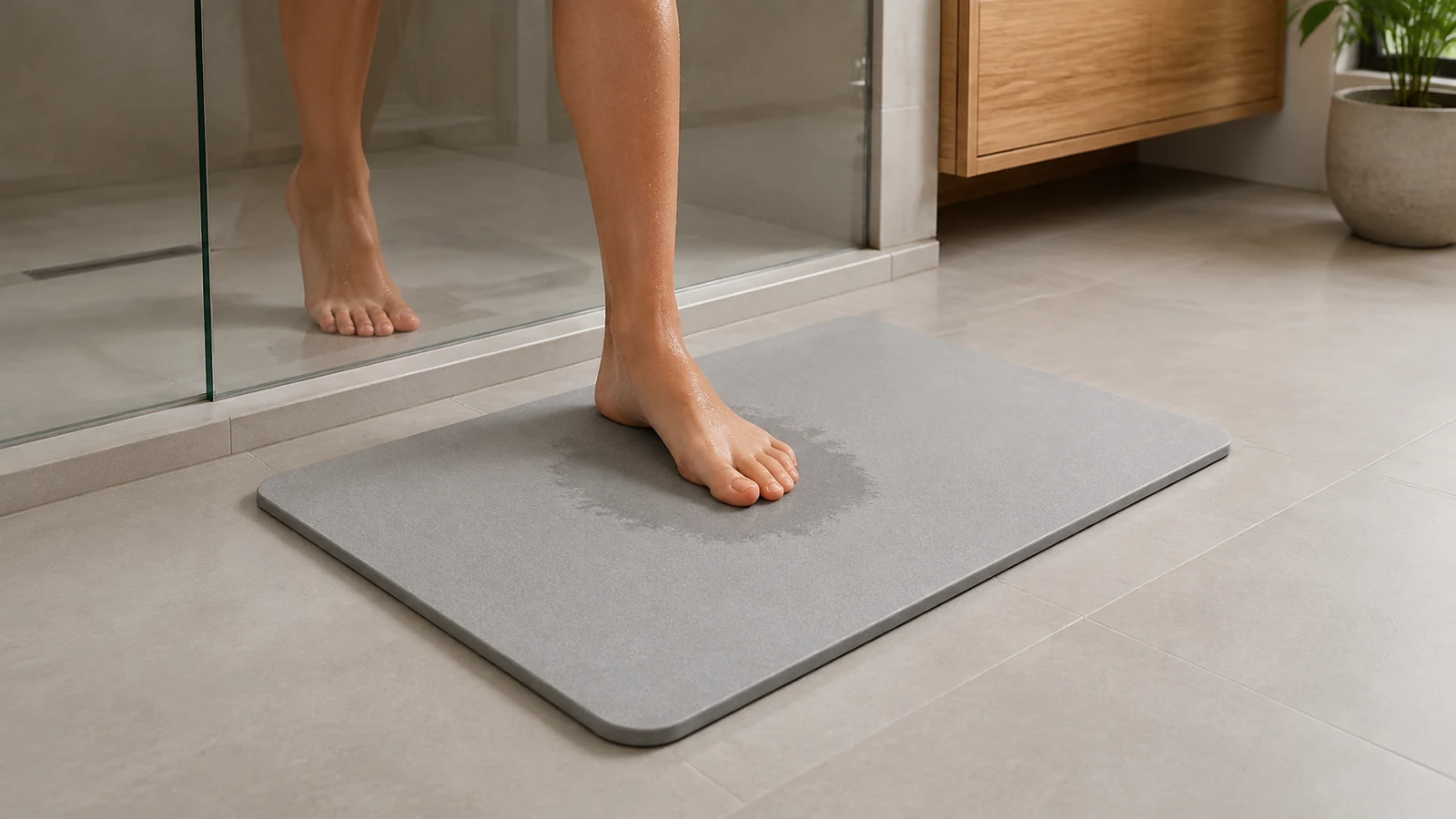 Pessoa saindo do box e pisando no tapete mineral Absortti, com o piso ao redor seco